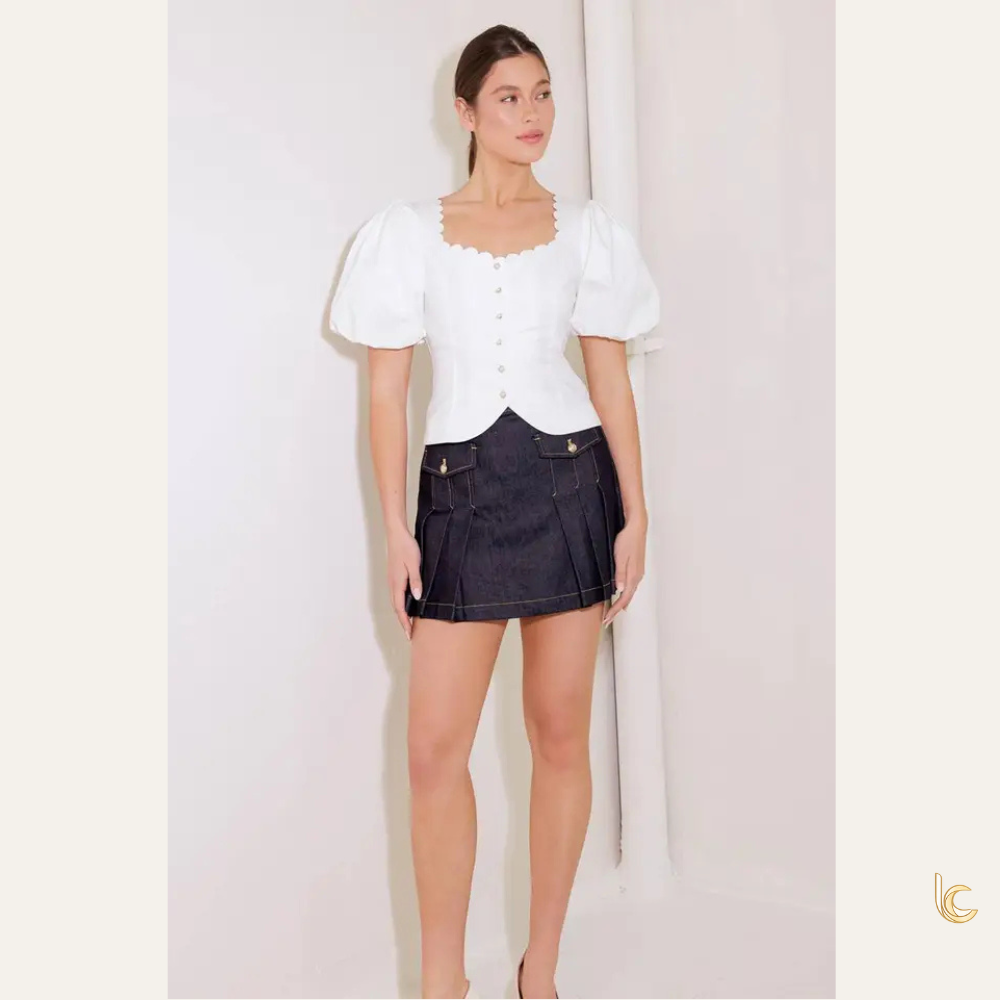 Scalloped Square Neck Button Blouse
