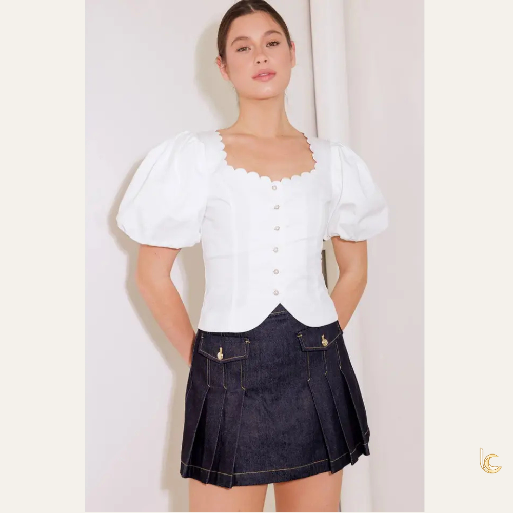Scalloped Square Neck Button Blouse
