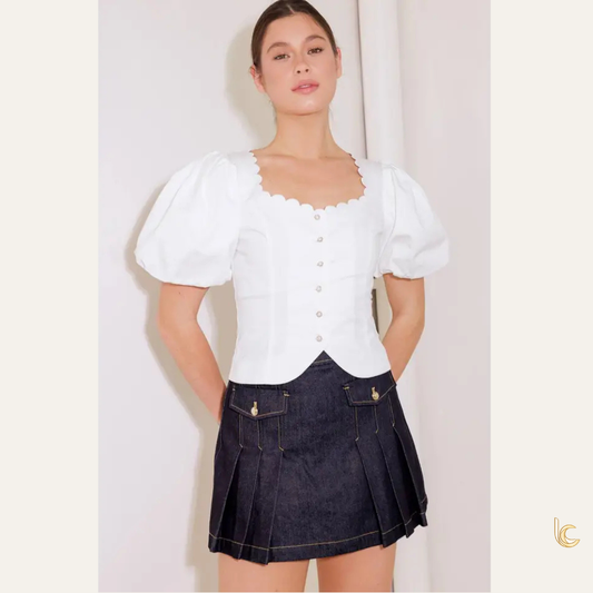 Scalloped Square Neck Button Blouse